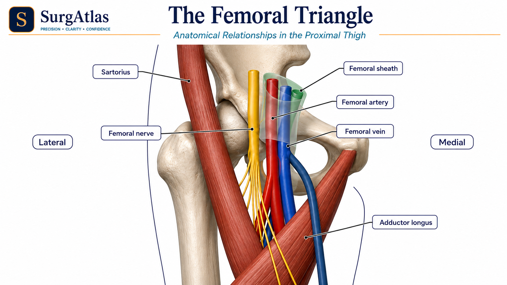 Femoral Triangle, Sheath and Femoral Canal Anatomy SurgAtlas femoral triangle diagram showing sartorius, adductor longus, femoral nerve, femoral artery, femoral vein, femoral sheath and their lateral-to-medial relationships.