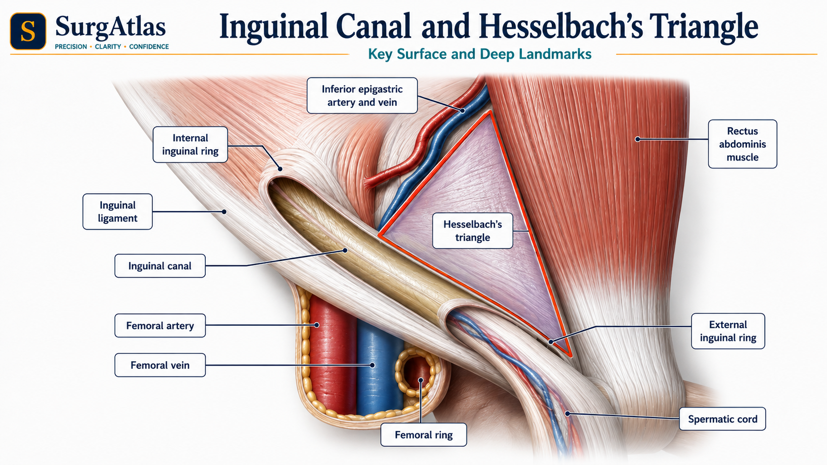 SurgAtlas diagram of the inguinal canal and Hesselbach triangle showing the deep and superficial inguinal rings, inferior epigastric vessels, inguinal ligament, rectus abdominis, spermatic cord and femoral ring.