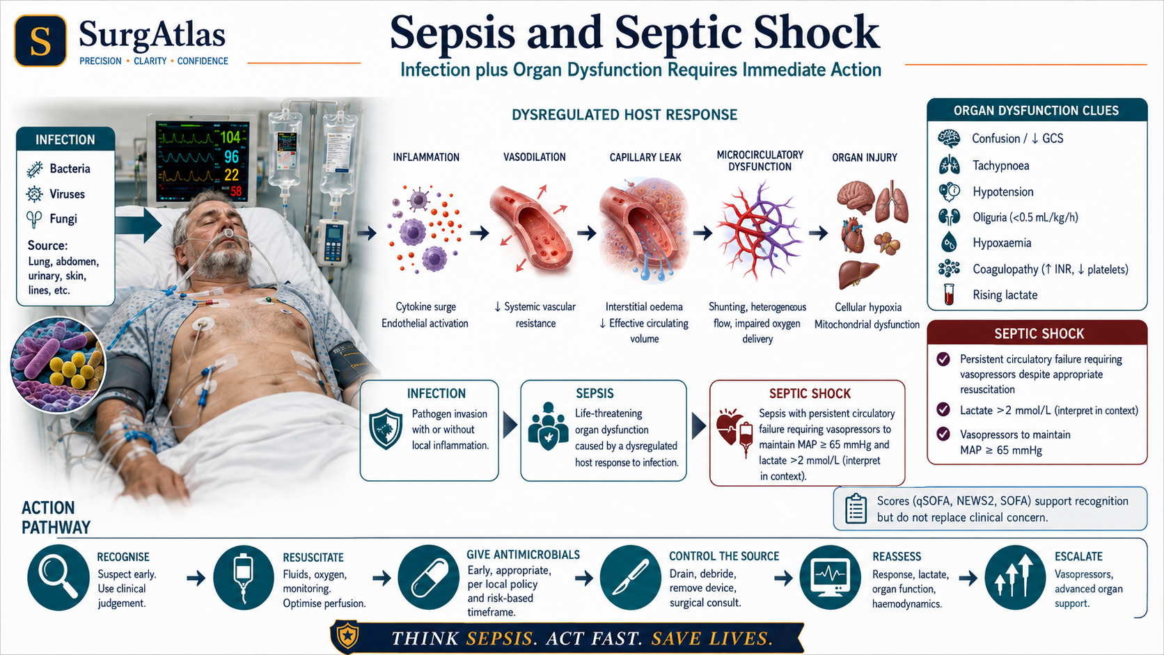 SurgAtlas clinical illustration explaining the progression from infection to sepsis, septic shock and sepsis-related organ dysfunction.