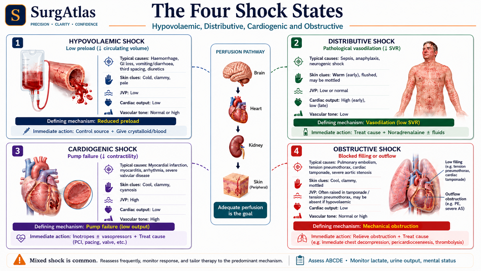 SurgAtlas comparison of hypovolaemic, distributive, cardiogenic and obstructive shock with their principal physiological patterns.