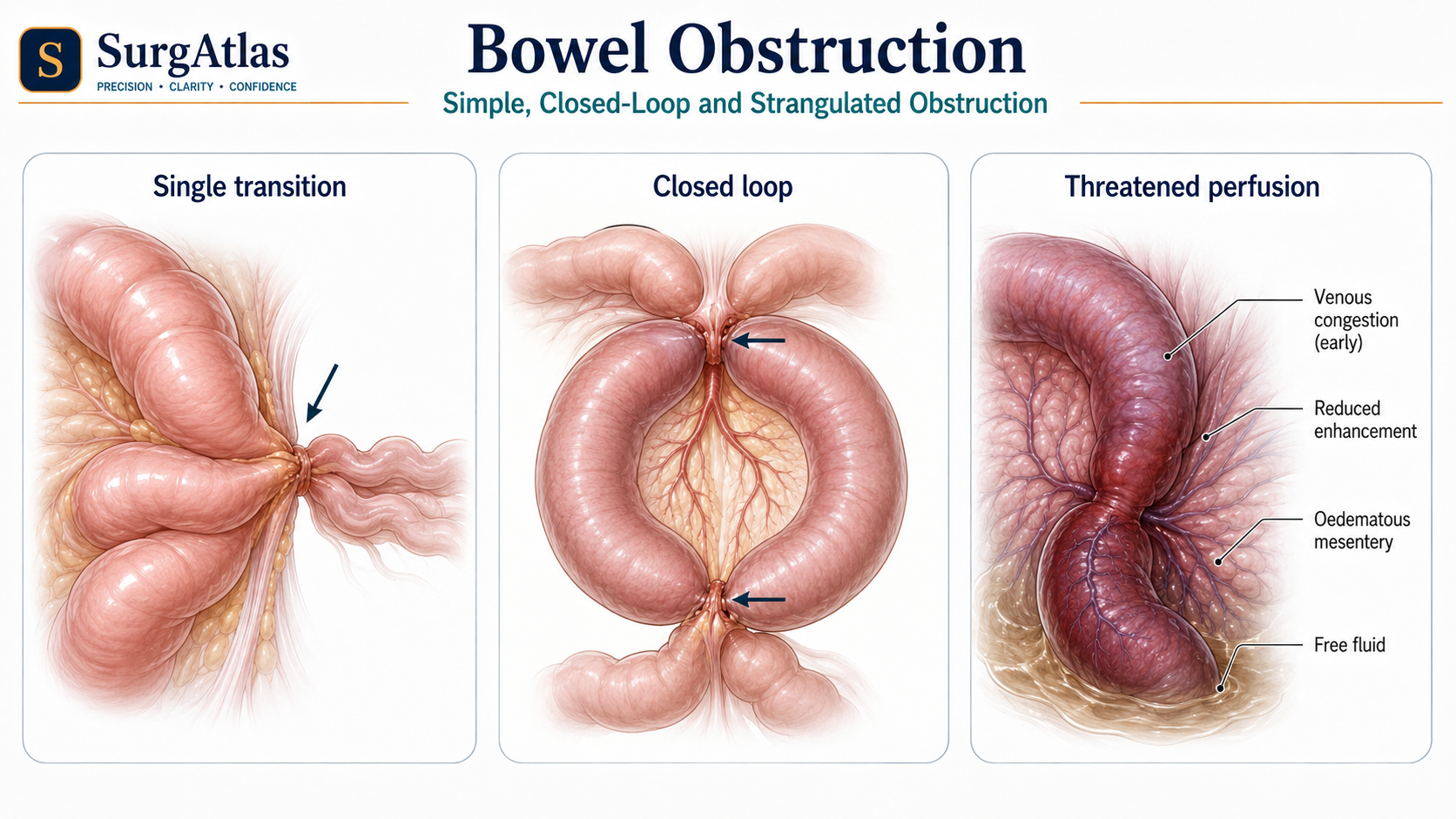 Simple, Closed-Loop and Strangulated Bowel Obstruction SurgAtlas illustration comparing simple bowel obstruction, closed-loop obstruction and strangulated obstruction with progressive vascular compromise.