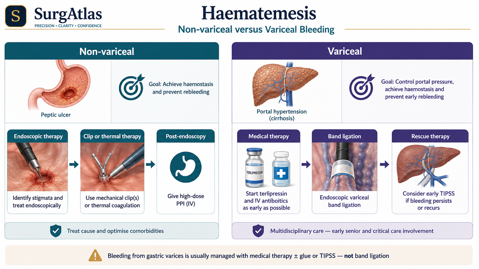 SurgAtlas clinical illustration comparing non-variceal and variceal upper gastrointestinal bleeding and the different definitive treatment pathways they require.