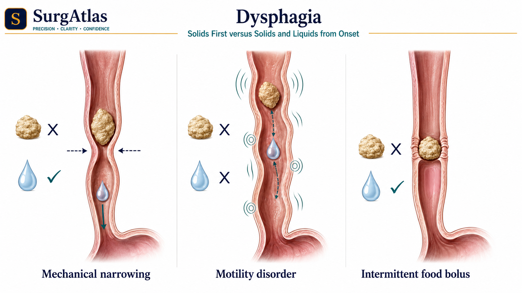 Dysphagia Pattern: Solids versus Solids and Liquids SurgAtlas illustration comparing dysphagia to solids first with dysphagia to solids and liquids from onset, linking the pattern to mechanical obstruction and motility disorders.